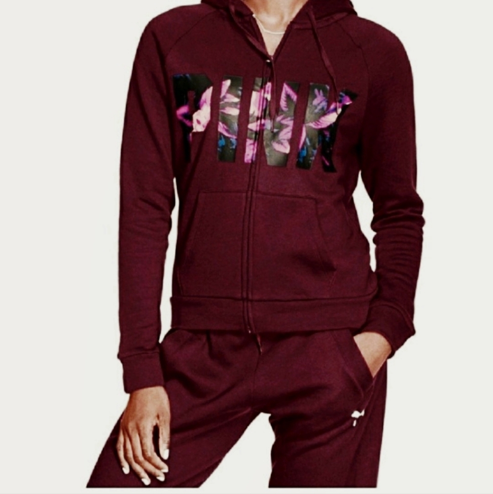 PINK Victorias Secret full zip hoodie Purple/maroon/ Floral tropical Small